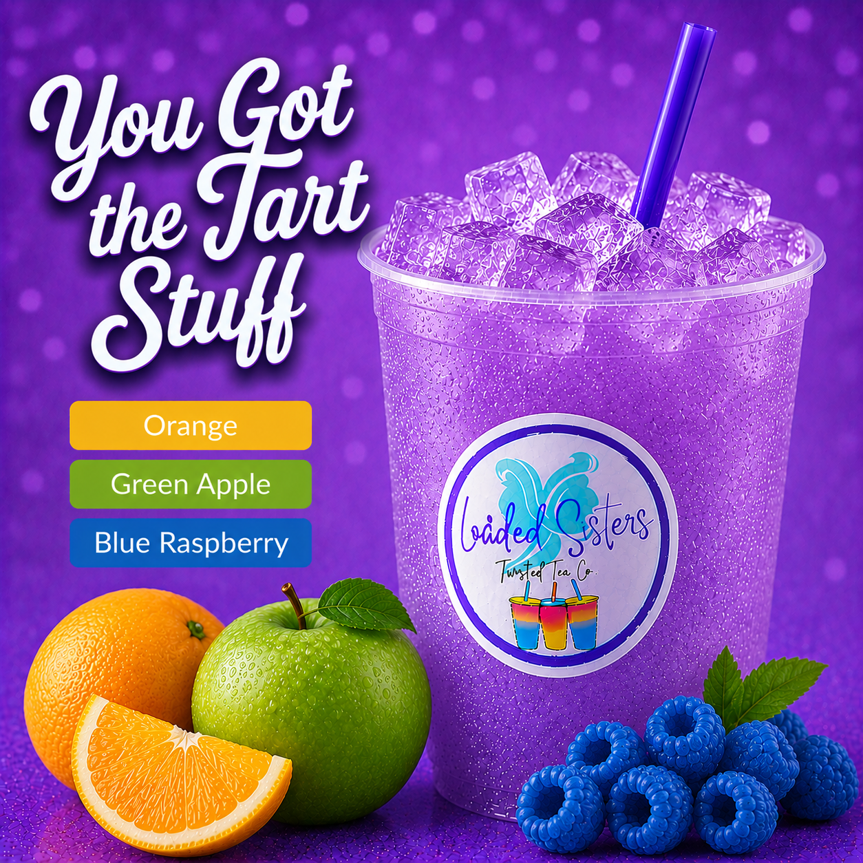 Purple twisted tea with ice, orange, green apple, and blue raspberry flavors, served in a branded cup