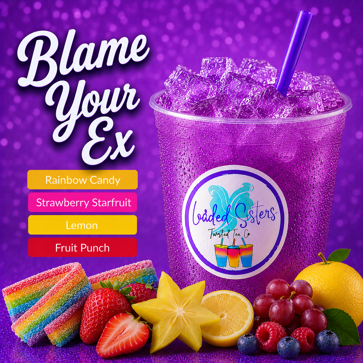 Vibrant purple twisted tea with rainbow candy, strawberries, lemon, and fruit punch flavors, served with ice and a straw.