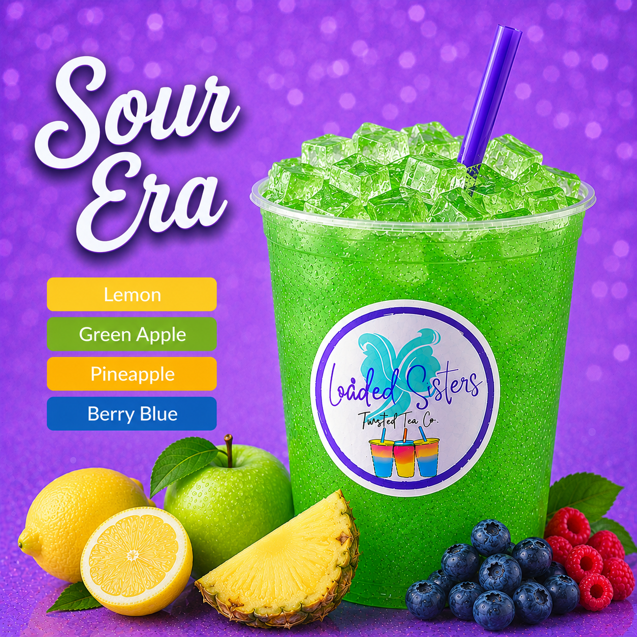 Sour Era twisted tea with lemon, green apple, pineapple & berry blue flavors, served icy cold in a cup with straw