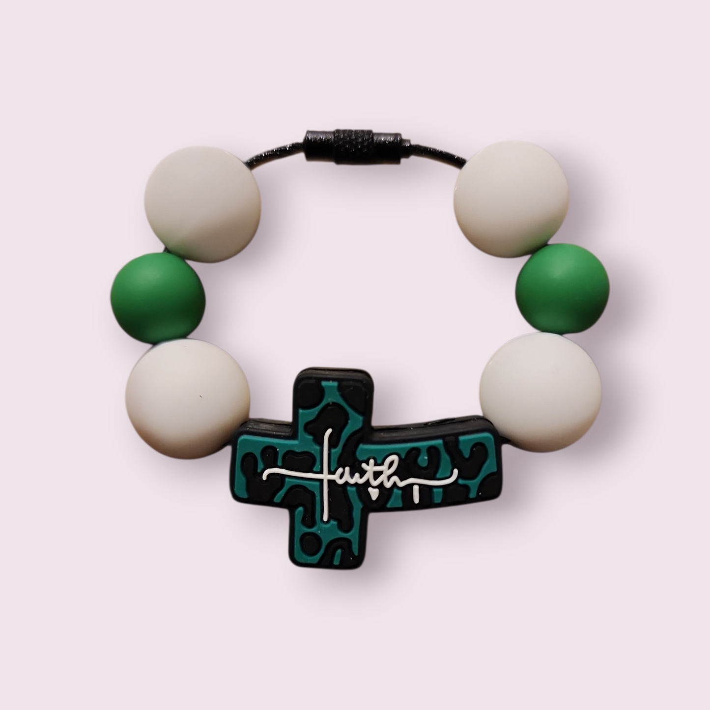 Faith cross bracelet with green and white beads, spiritual jewelry accessory