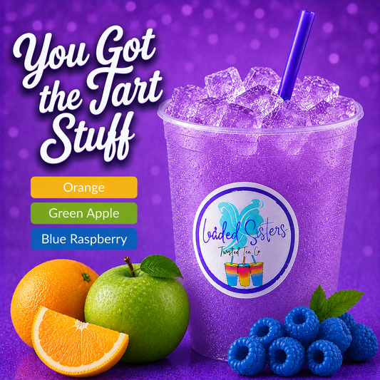 Purple twisted tea with ice, orange, green apple, and blue raspberry flavors, served in a branded cup