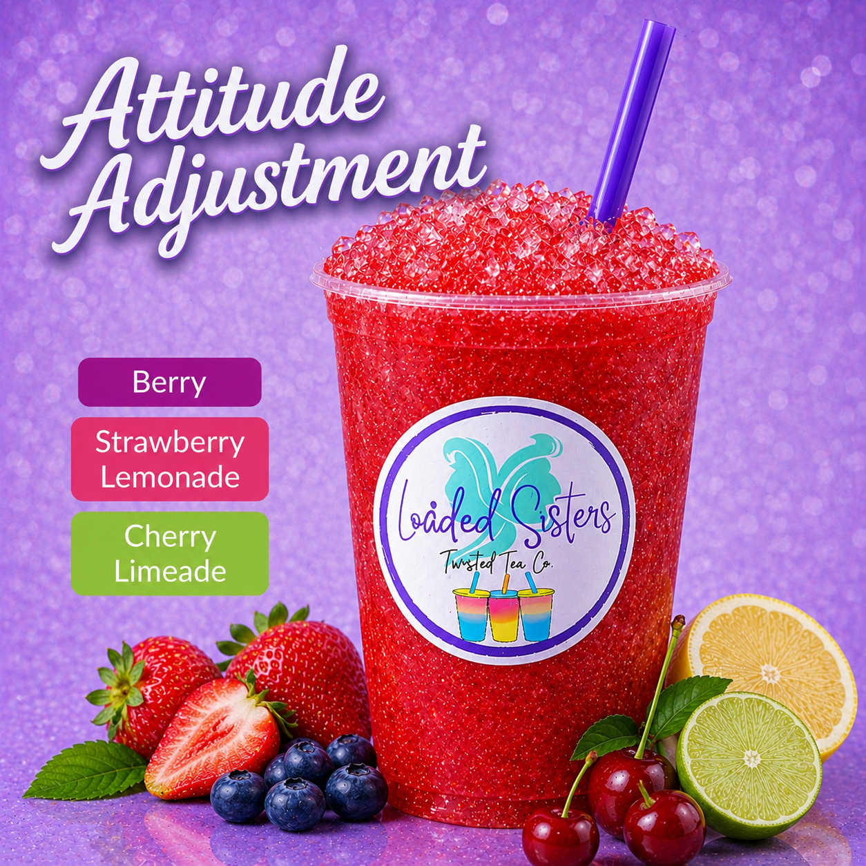 Vibrant red slushy twisted tea with berry, strawberry lemonade, and cherry limeade flavors, served with fresh fruit and a purple straw.