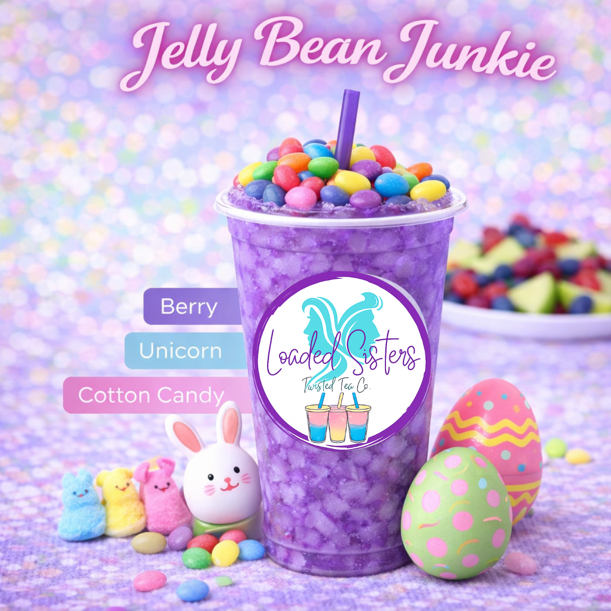 Purple twisted tea topped with colorful jelly beans, Easter eggs, and bunny candies — Berry Unicorn Cotton Candy flavor