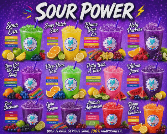 Sour Power twisted tea menu with bold, colorful slushy drinks and fruit flavors