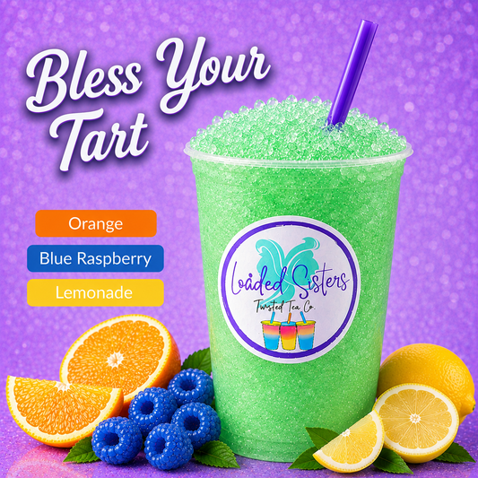 Green slushy twisted tea with boba, orange, blue raspberry, and lemon slices, purple straw