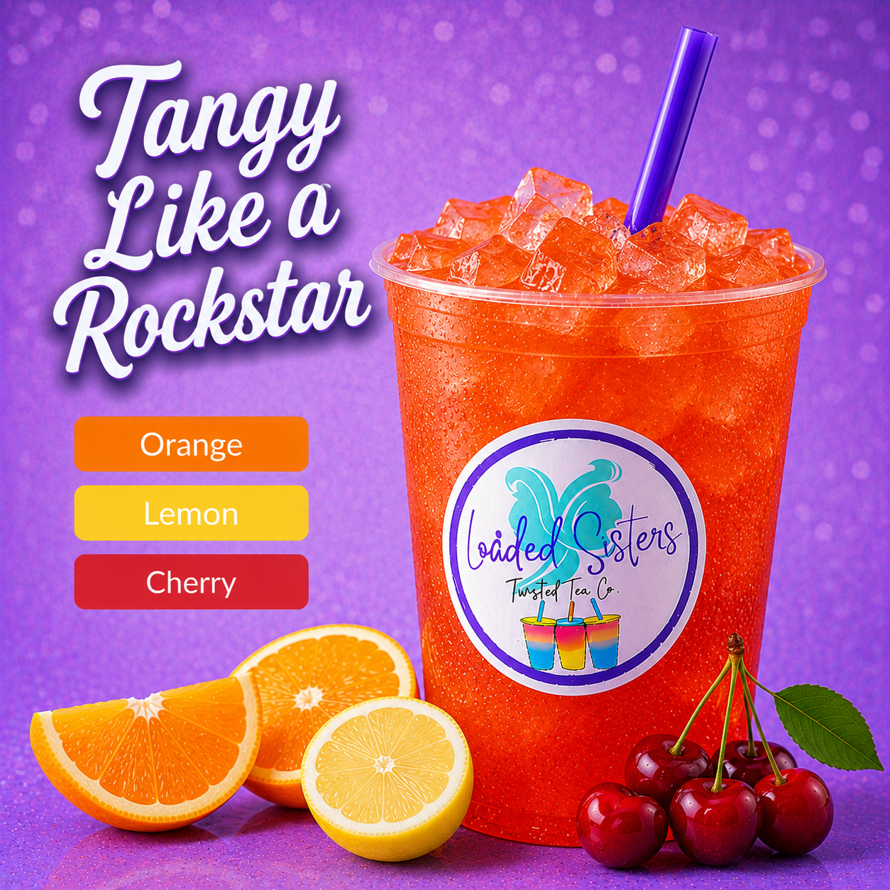 Tangy orange lemon cherry twisted tea with ice and purple straw, fresh fruit slices beside cup