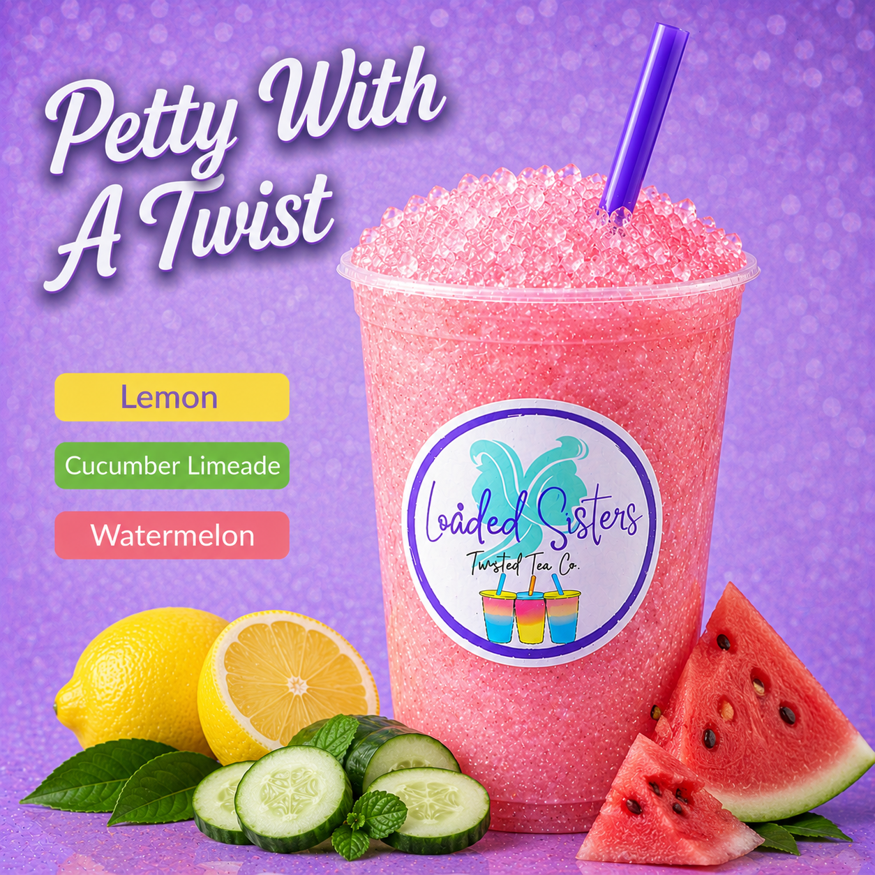 Pink twisted tea with boba, lemon, cucumber, and watermelon slices, served with purple straw