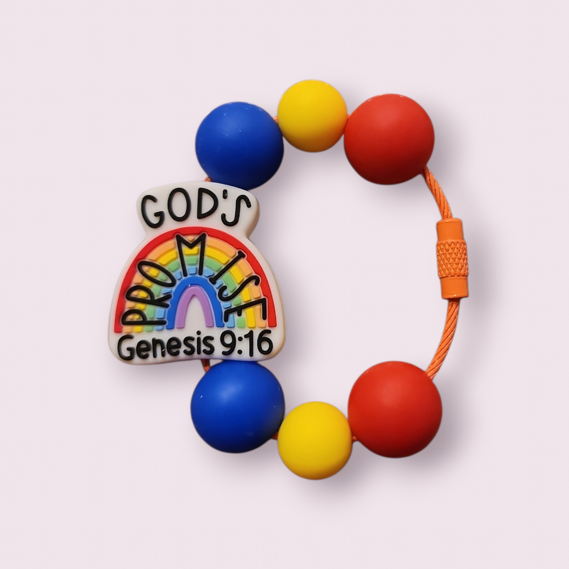 Colorful silicone teether with 'God's Promise Genesis 9:16' rainbow charm and blue, yellow, red beads