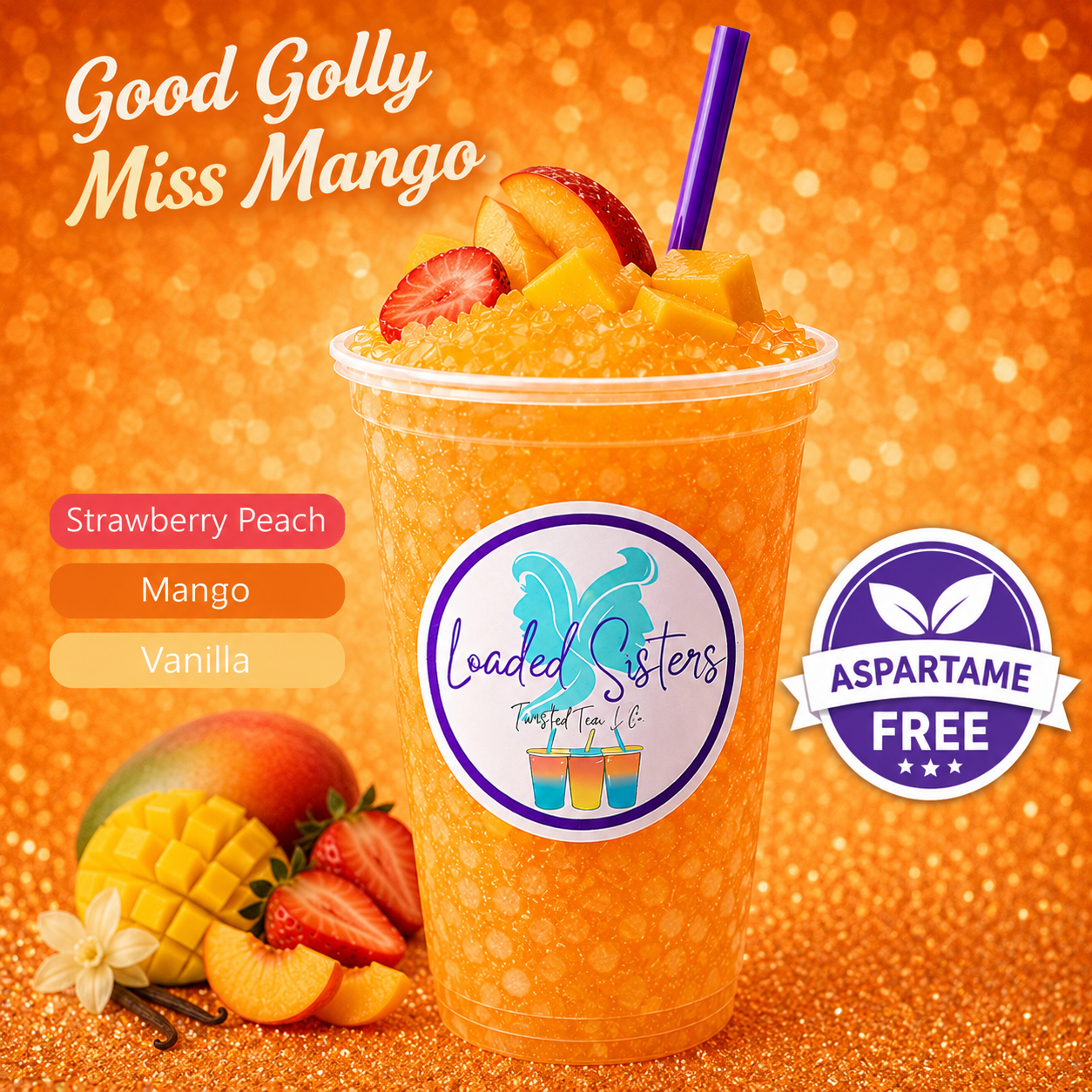 Good Golly Miss Mango twisted tea with strawberry, peach, and vanilla, aspartame-free