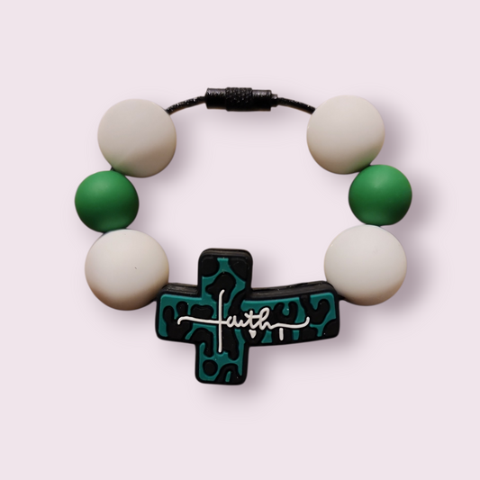 Faith cross bracelet with green and white beads, spiritual jewelry accessory