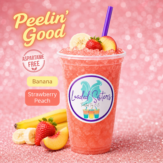Peelin' Good banana strawberry peach twisted tea with fresh fruit garnish, aspartame-free