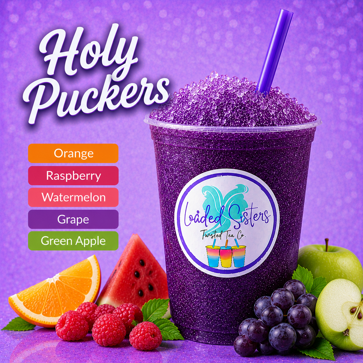 Purple glittery twisted tea with boba, surrounded by orange, raspberry, watermelon, grape, and green apple