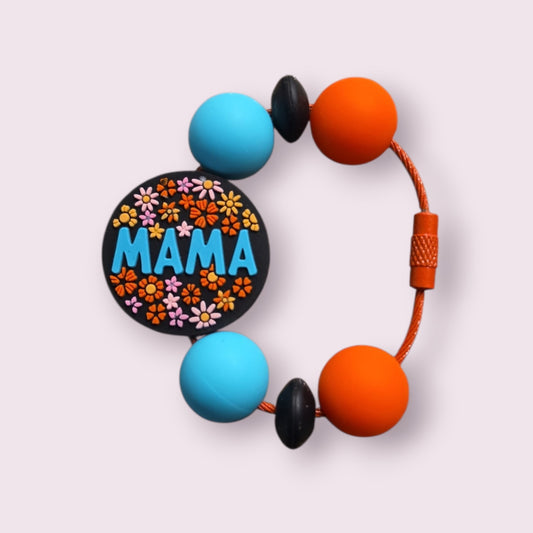 Colorful 'MAMA' flower charm bracelet with blue, orange, and black beads on cord